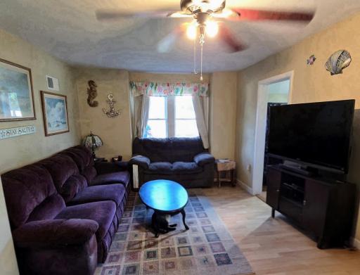 Living room has laminate flooring