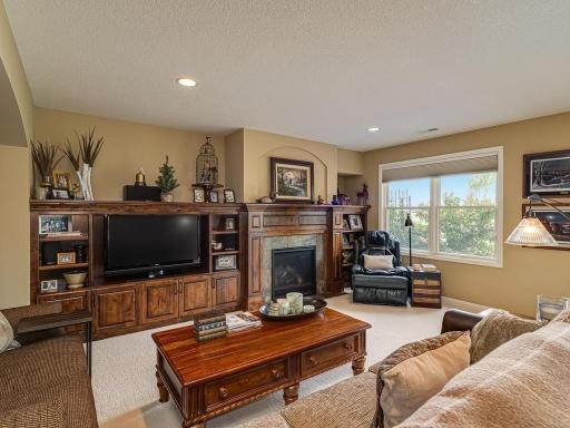 Lower level Recreational room with gas fireplace and uniquely crafted built in shelving