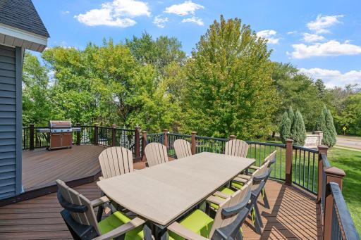 Elevated above the backyard, the two-tier deck offers a beautiful vantage point overlooking the property.
