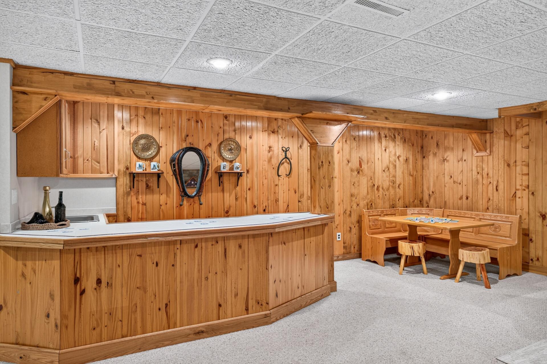 Knotty Pine lined walls round out the rustic vibe.