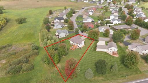 Aerial view with outlined property lines.