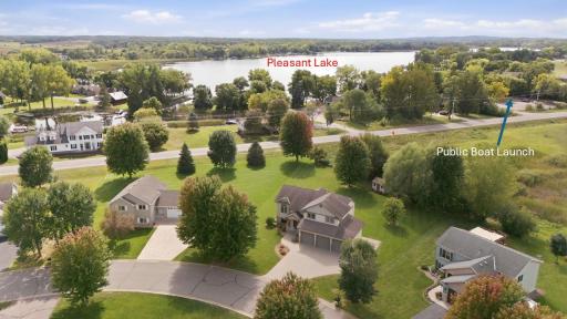 Aerial that points out the proximity to the Public Boat Launch to Pleasant Lake!