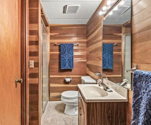 3/4 bathroom on the lower level. Storage behind the door, shower and new flooring.