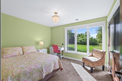The second bedroom in the lower level has large windows facing the backyard.