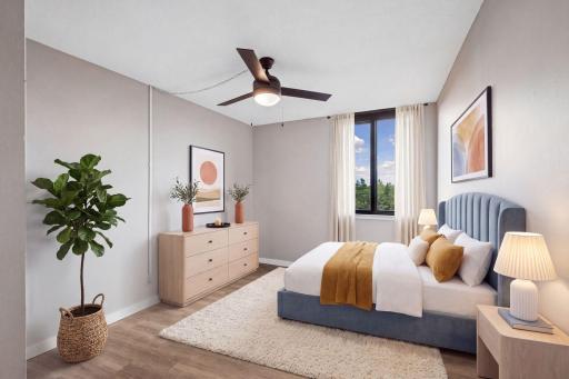 Virtual staged bedroom and window treatments