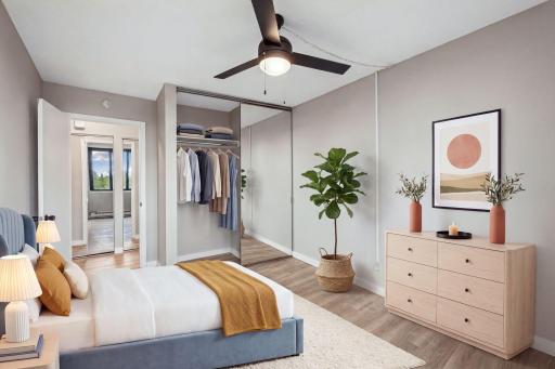 Virtual staged closet shelf , rod and bedroom