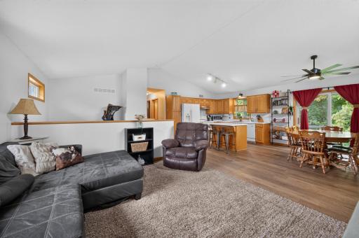 The dining room and kitchen walk into the living room.