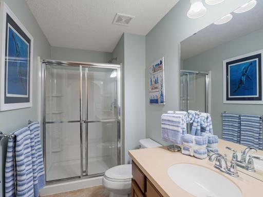 Lower-level 3/4 Bathroom â with shower and spacious vanity.