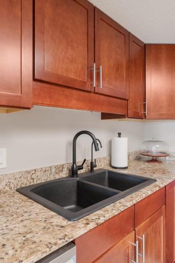 Black double-basin sink and faucet provide a stylish contrast against the granite countertops.