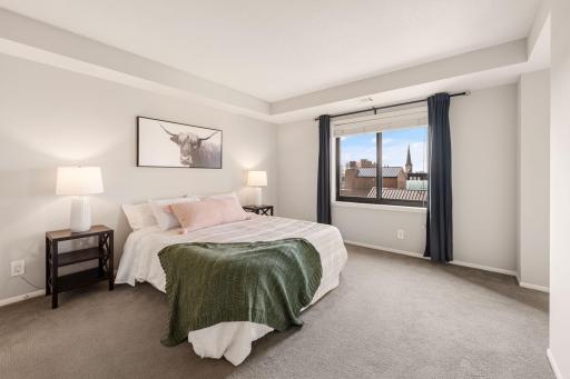 Spacious bedroom offers plush carpeting, plenty of room for a king-size bed, and captivating neighborhood views.