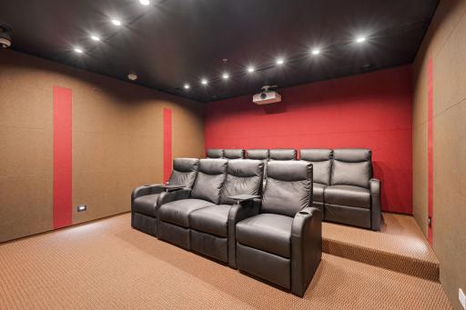 Private movie room with comfortable recliner seating and projector.
