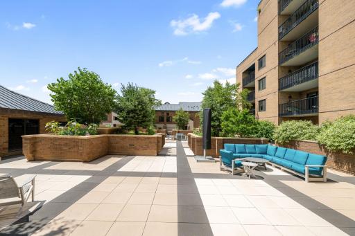 Expansive common patio with lounge seating, planters, and plenty of space to relax outdoors.