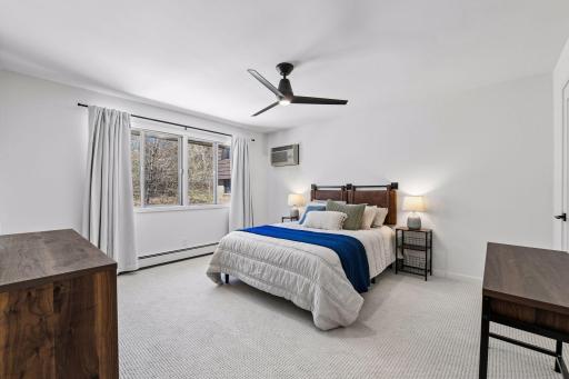 The primary bedroom feels fresh and inviting with new carpet, fresh paint, and new drapes.