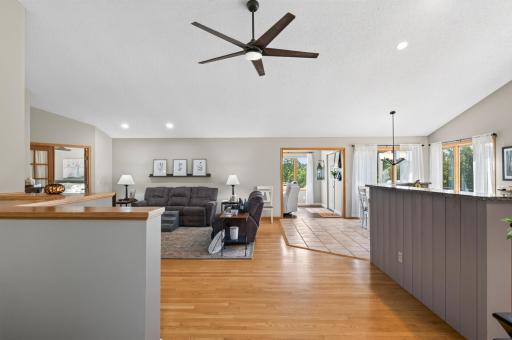 Easy open floor plan for living, kitchen and dining