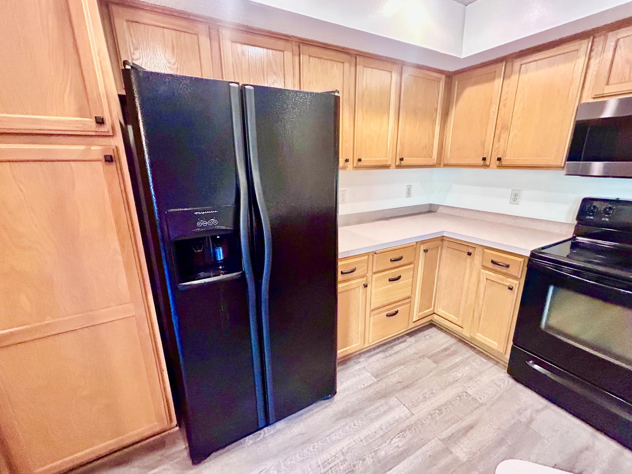 Kitchen cabinets and refrigerator