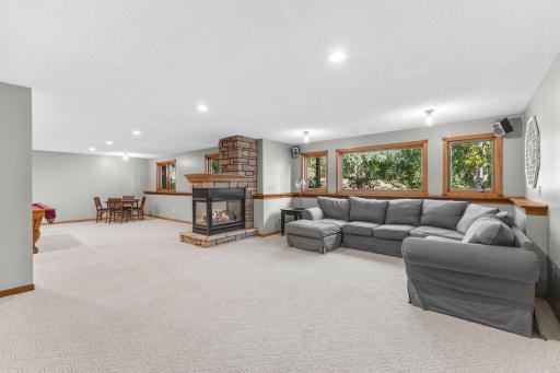 The oversized recreation room in the basement offers views of the backyard.