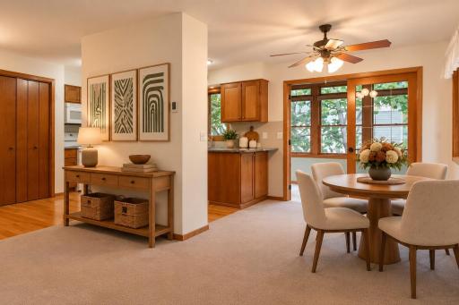 The dining area sits at the center of the main level, creating a natural gathering place with easy access to the kitchen, living room and four-season porch. (Virtually staged photo.)