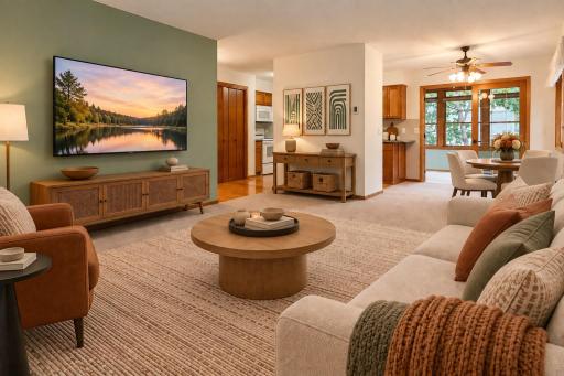 The open living and dining areas flow together comfortably, creating an inviting space for relaxing or entertaining. Convenient access to the kitchen and four-season porch adds to the homeâs functional layout. (Virtually staged photo.)