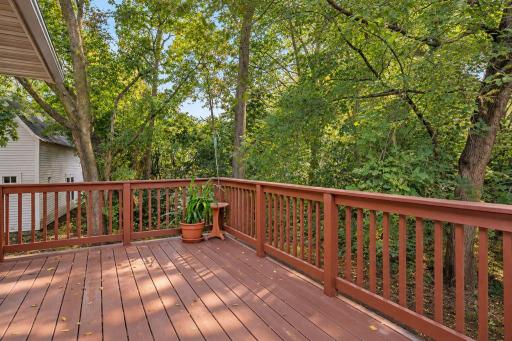 The 9' x 17' maintenance-free composite deck overlooks peaceful, tree-lined grounds, offering a relaxing outdoor space to enjoy the wooded setting with minimal upkeep.