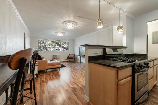 View of the kitchen into the living room.