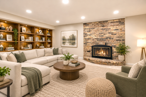 Lower level family room virtually staged