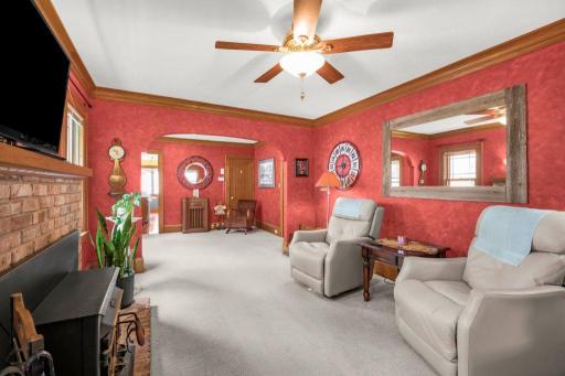 The living room - with original wood trim and built-ins.