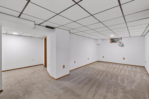 Finished lower-level recreation space with room for multiple activity areas.