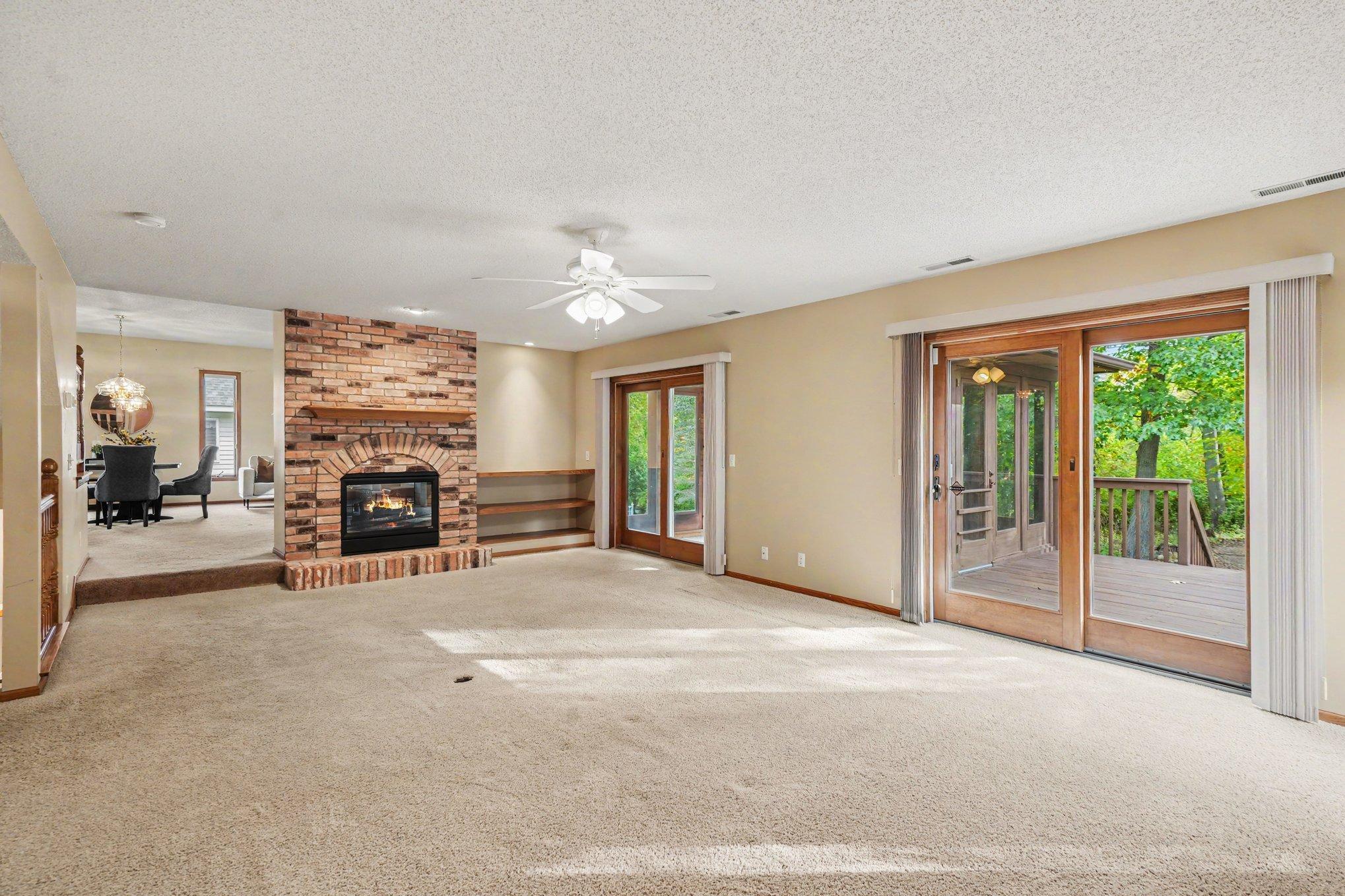 Two-sided fireplace in large family room