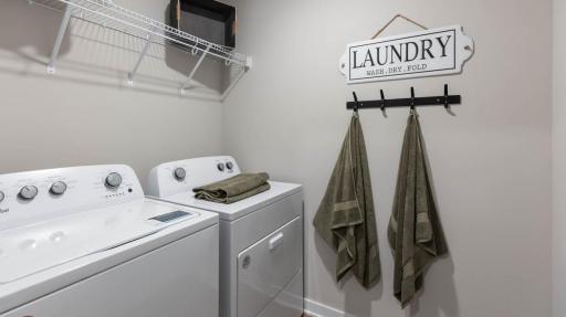 Spacious laundry room situated right off of the mudroom. Washer and dryer not included. *Photo of similar home. Virtually staged.