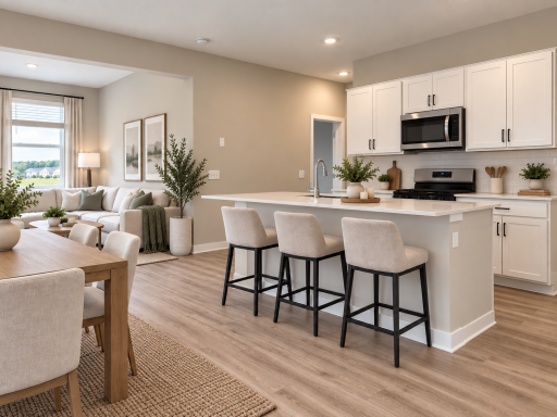 Bright and inviting kitchen featuring a large center island with seating, quartz countertops, stylish cabinetry, and stainless steel appliances. *Photo is of similar home. Virtually staged.