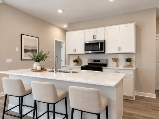 The impressive 7-foot center island provides ample prep space, seating for four, and serves as the heart of this stylish, open-concept kit. *Photo is of similar home. Virtually staged.