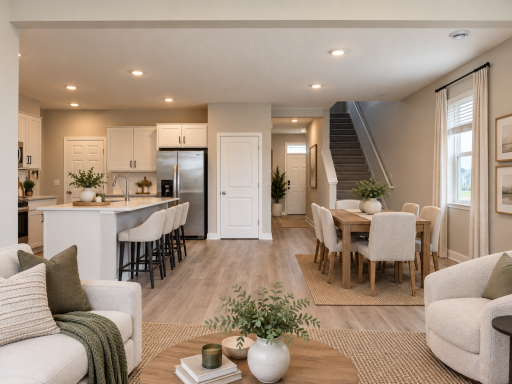 Enjoy seamless flow between the kitchen, dining area, and great room in this open-concept design. *Photo is of similar home. Virtually staged.