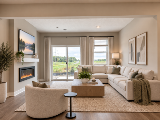 Unwind by the cozy electric fireplace in this bright and welcoming living room. *Photo is of similar home. Virtually staged.