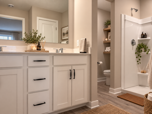 The spacious primary ensuite features dual vanities, a 5-foot shower, and a linen closet for added storage and convenience. *Photo is of similar home. Virtually staged.