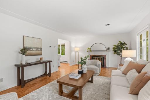 Bright living room with classic parquet wood floors