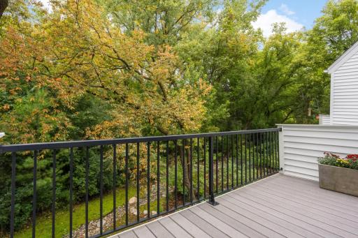 Maintenance free decking over looks lush landscaping and greenery.