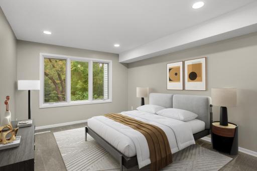 Lower level bedroom with full bathroom steps outside the door.