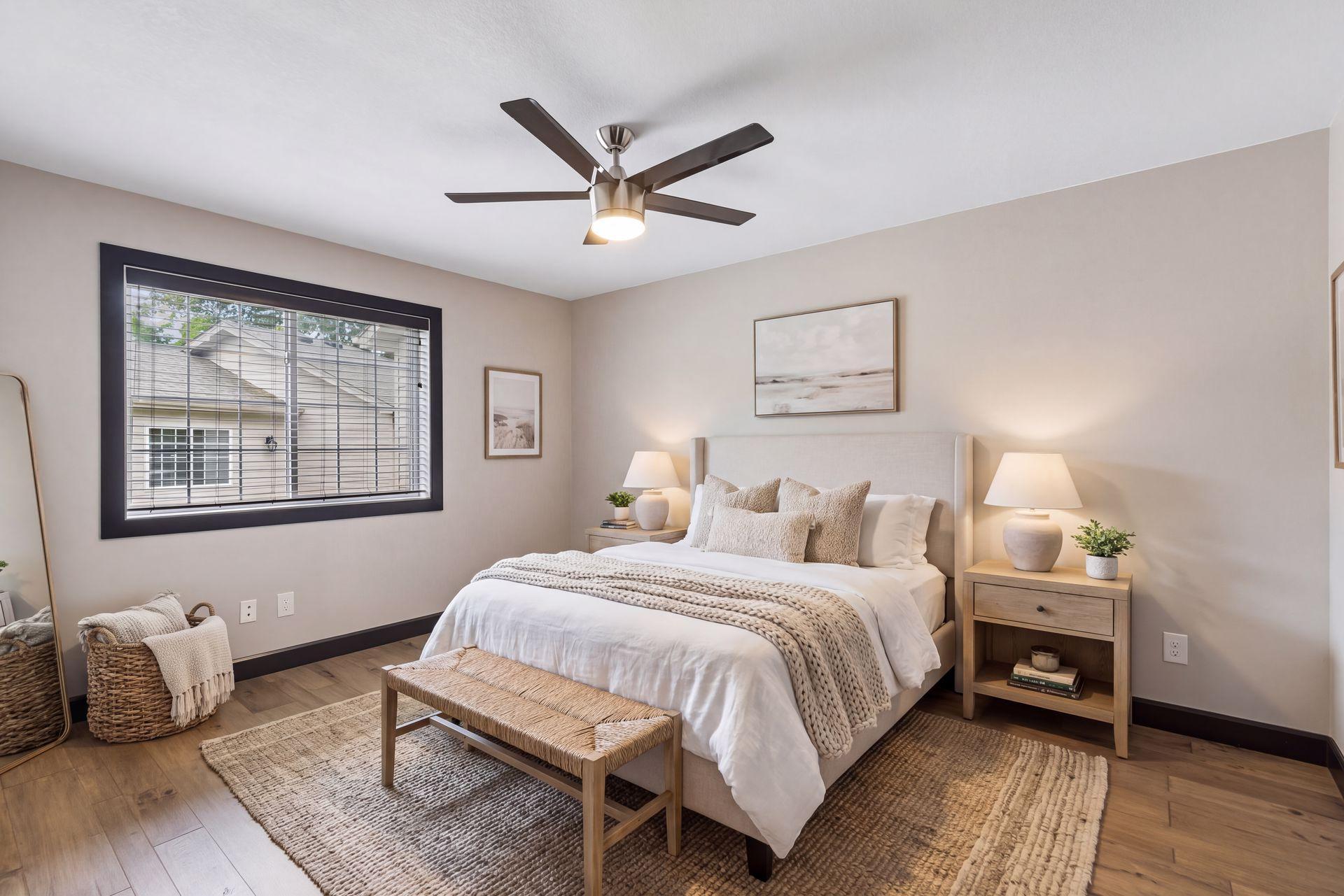 The second main-level bedroom is generously sized and has a large window.