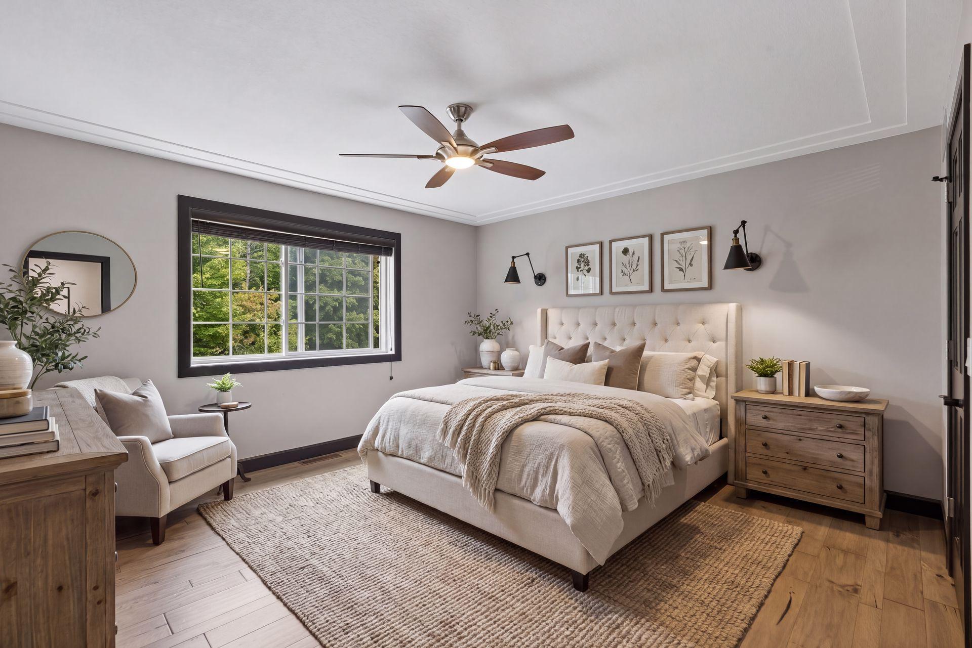 The acacia wood flooring continues into the main-level primary bedroom, featuring a tray ceiling, updated lighting, and peaceful views of the wooded setting. Enjoy the convenience of a private ensuite and spacious walk-in closet with a built-in safe.