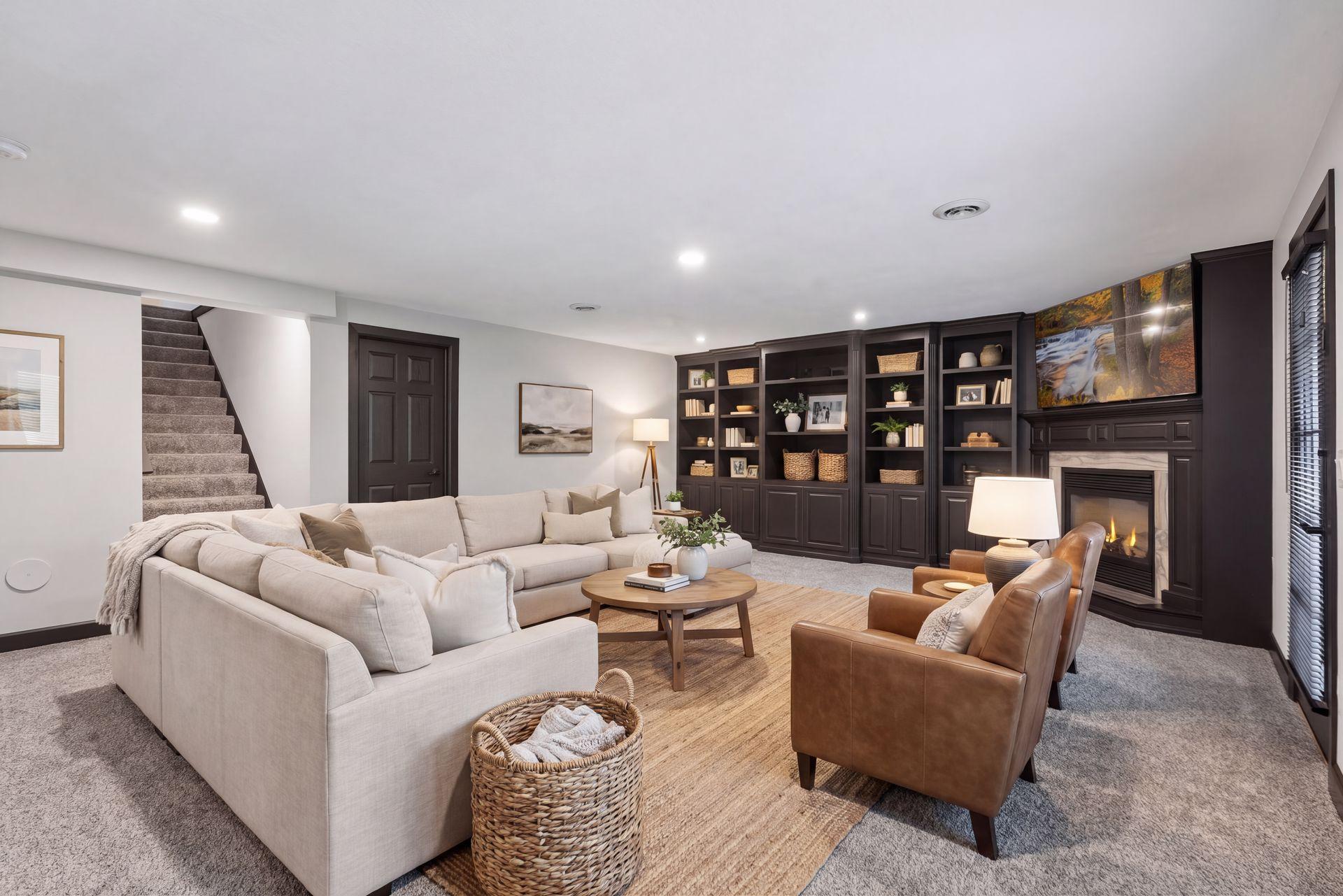 The spacious lower-level family room offers a cozy space for gatherings and features an impressive wall of custom-built-in cabinetry.