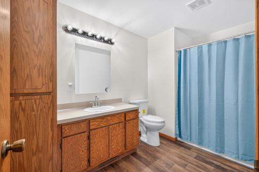 Full bath features a spacious vanity, tub/shower combination, and wood cabinetry.