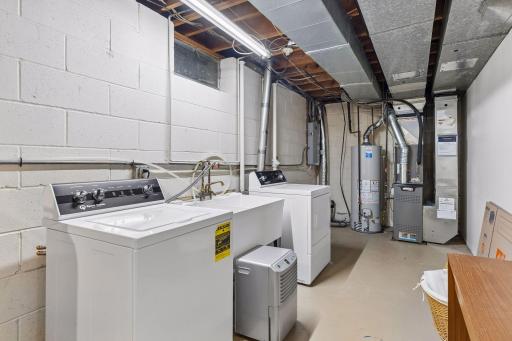 Lower-level laundry and utility room with storage space.