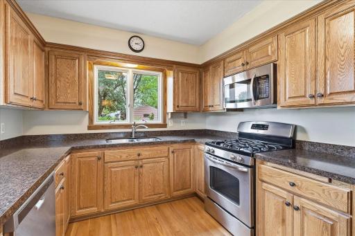 Kitchen with stainless steel appliances and great cabinet and counter space.