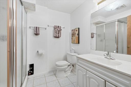 Lower level bathroom! Nice vanity for storage and organization.