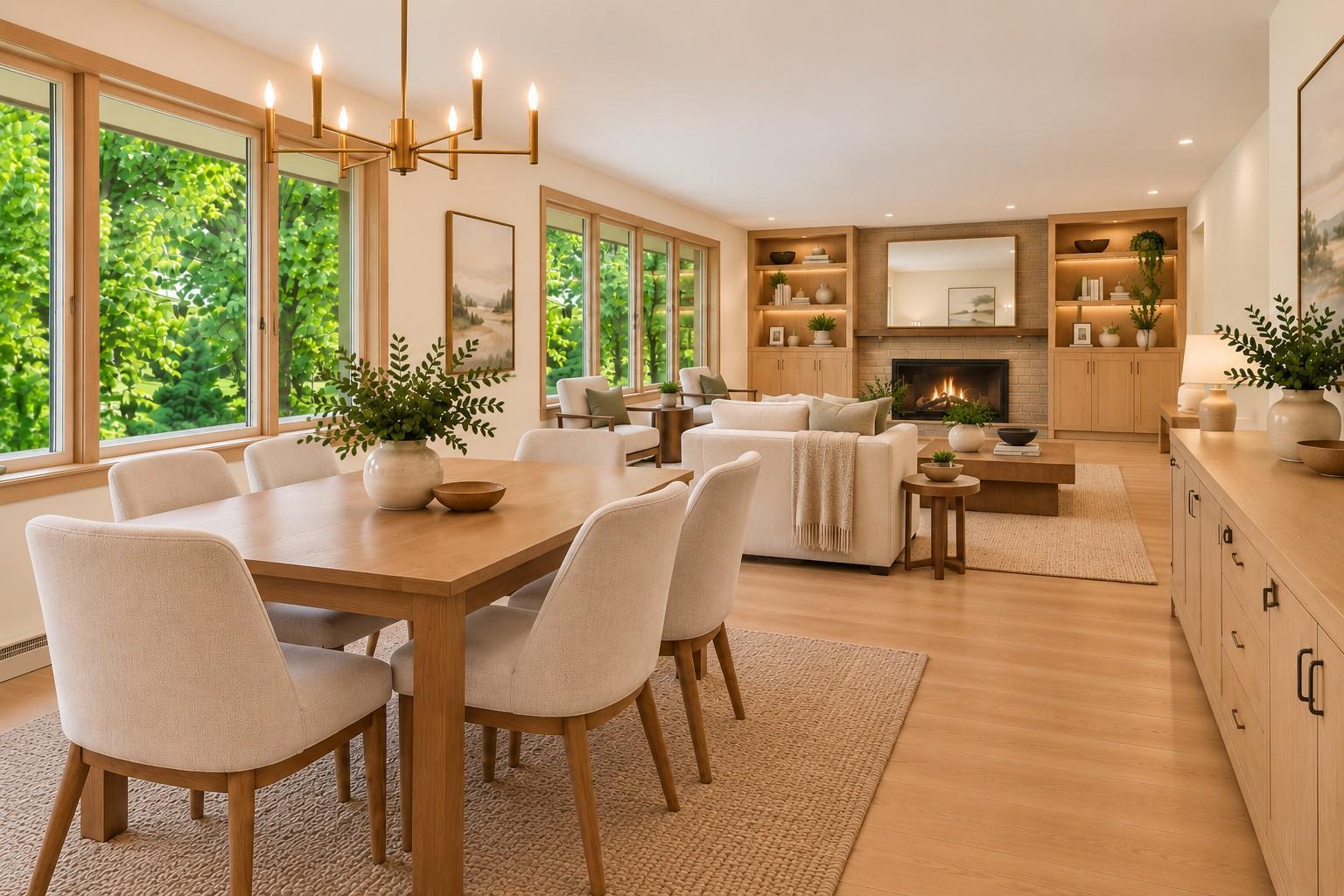 Virtually Staged - Living & Dining area staged and digitally updated to show the potential.