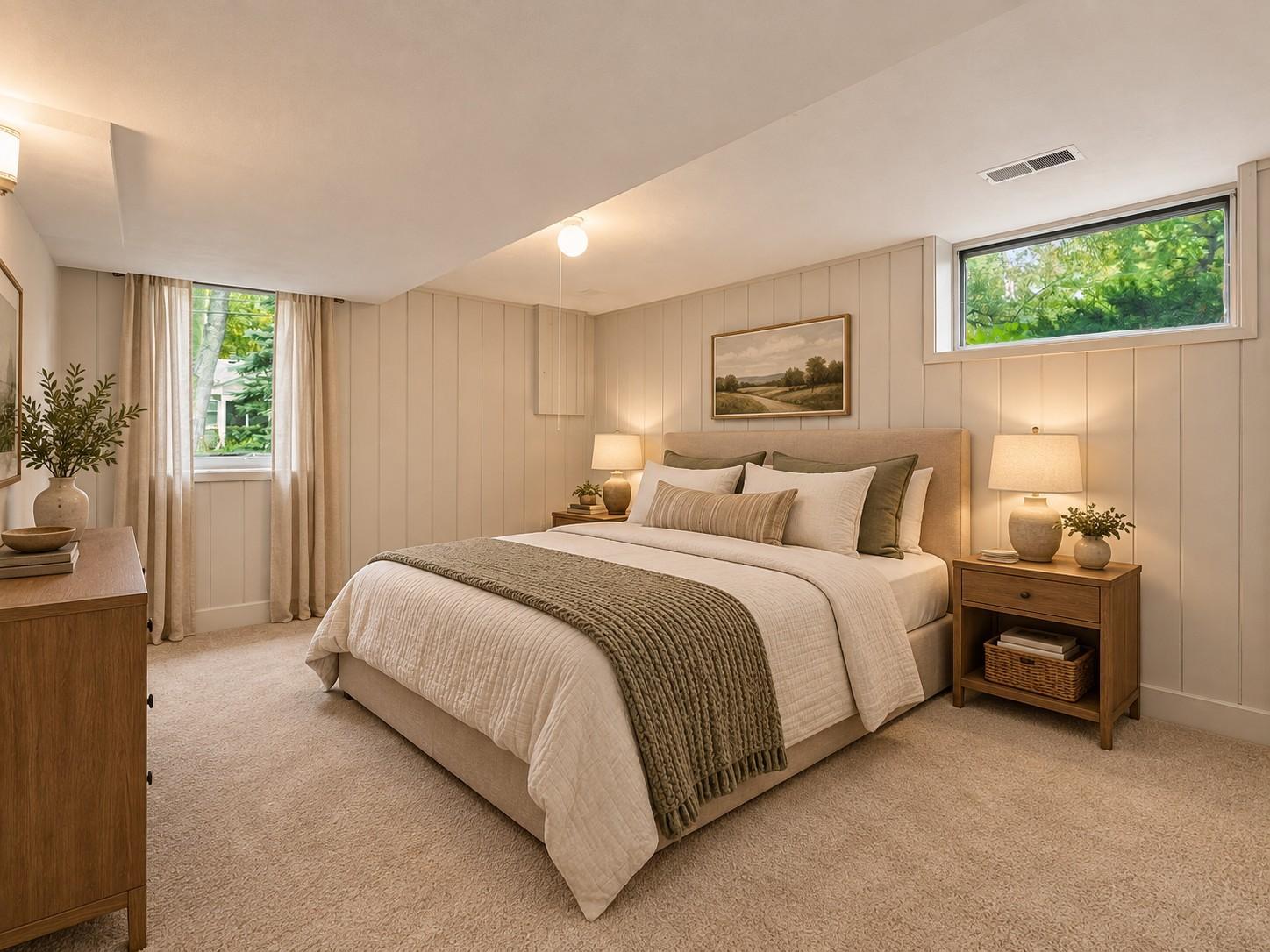 Virtually Staged - Lower level bedroom staged and digitally updated to show the potential.