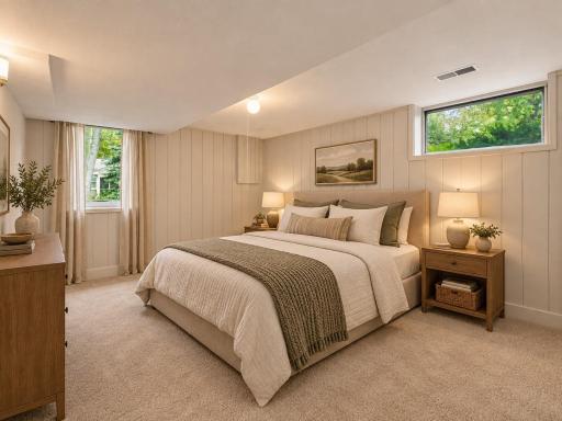 Virtually Staged - Lower level bedroom staged and digitally updated to show the potential.