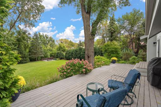 Large deck overlooking private wooded rear yard