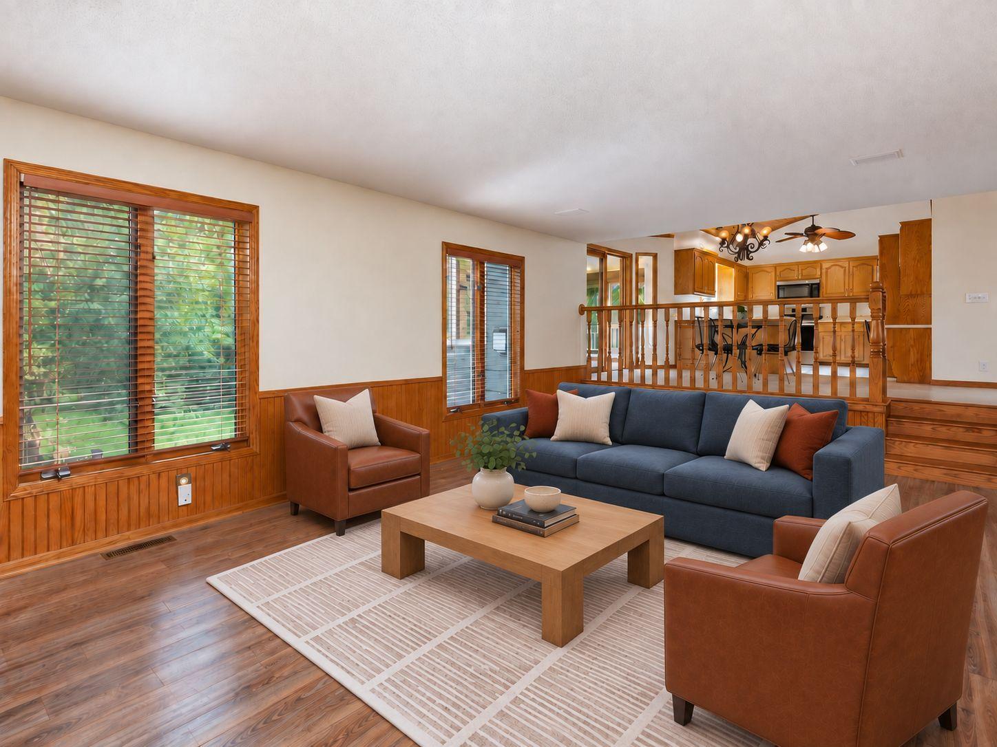 This image has been virtually staged with digitally added furniture and décor. Refer to the unstaged photos and an in-person showing for the property’s actual condition.