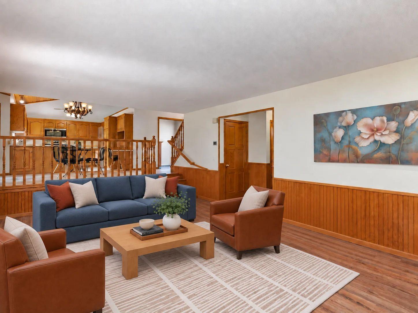 This image has been virtually staged with digitally added furniture and décor. Refer to the unstaged photos and an in-person showing for the property’s actual condition.